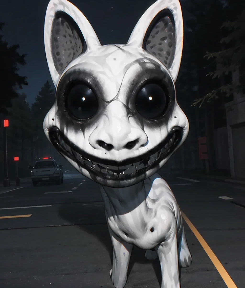 HDR,UHD,8K,best quality,masterpiece,Highly detailed,ultra-fine painting,sharp focus,extreme detail description,Professional,<lora:Role_smile_cat_v1.0:0.8>,smile cat,animal,crazy smile,black lips,black mouth,BLACK EYES,no_pupils,nostrils,white_fur,(long neck:1.1),monster,dark,horror \(theme\),latenight,parking lot,full body,all fours,alpaca,