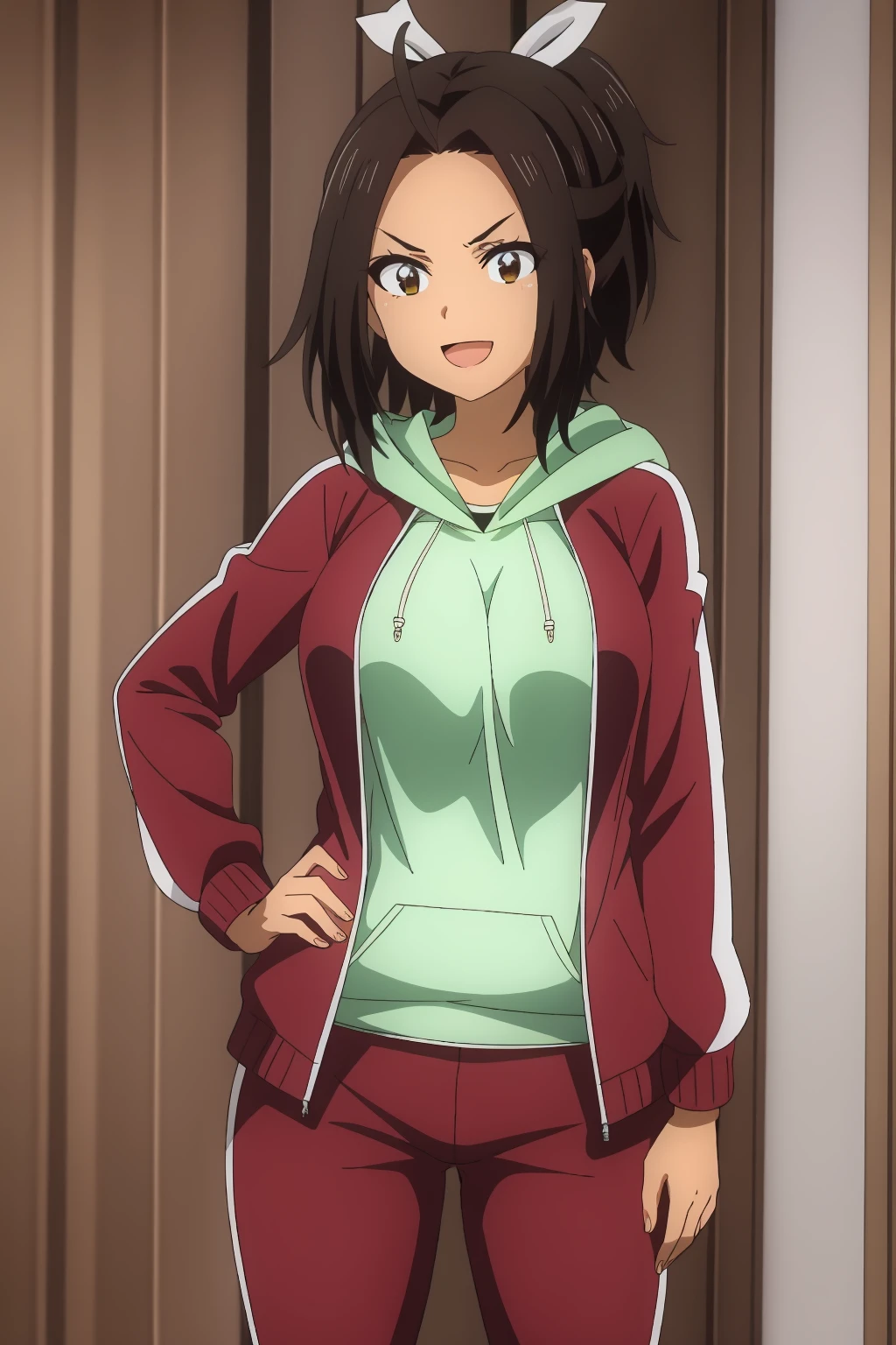 ((best quality)),((highly detailed)),masterpiece,absurdres,detailed face,beautiful face,(detailed eyes, deep eyes),1girl,((dynamic pose)) ,<lora:HikariV1:0.8>Hikari, brown hair, open mouth, hood, brown eyes, jacket, hoodie, smile, indoors, dark skin, pants, breasts, dark-skinned female, hair ribbon, ribbon, solo focus, red pants, white ribbon, :d, v-shaped eyebrows, short hair, track pants, open clothes, large breasts, open jacket, ahoge, solo, track jacket, long sleeves, looking at viewer, hood down, standing, medium breasts, shirt, track suit, ponytail, red jacket