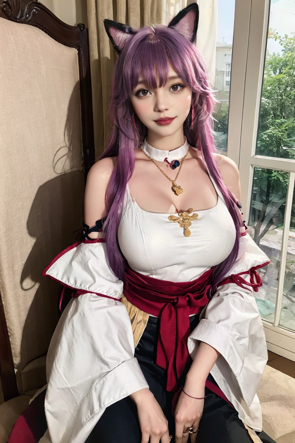 colorful, hezi, cosplay costume, beauty, stunning, 1girl, yae miko, breasts, pink hair, solo, detached sleeves, looking at viewer, large breasts, gohei, holding, sitting, bare shoulders, long hair, japanese clothes, parted lips, jewelry, sideboob, hair between eyes, realistic, cosplay, nontraditional miko, earrings, animal ears, fox ears, hair ornament, bangs, purple eyes, lips, indoors, wide sleeves, shirt, curtains, chair, white shirt, sleeveless, smile, makeup, sleeveless shirt, vision \(genshin impact\), head tilt, nose, long sleeves, fingernails, floppy ears, pink nails, artist name, necklace, pendant, eyeshadow, halterneck, fox girl, sidelocks, dress, thighs, signature, holding stick