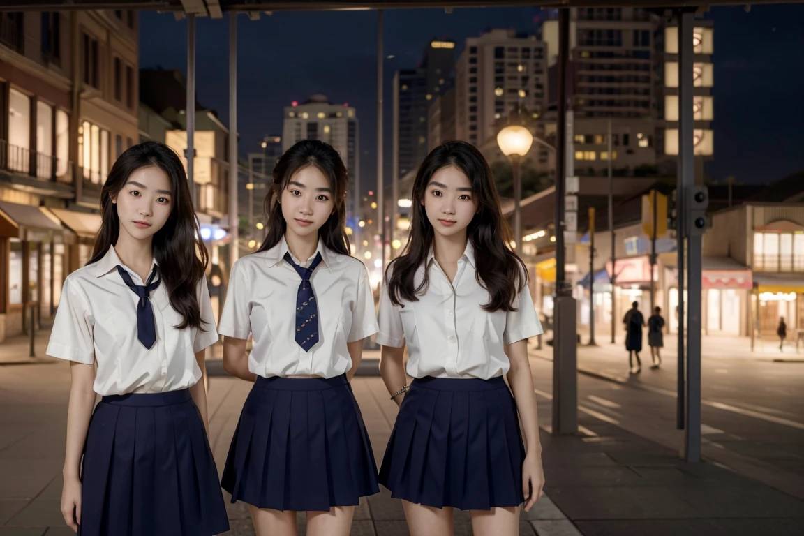 centered, eye contact, (3 girls, cowboy shot:1.1), buildings background, city background, sunset, smile, standing, (sgrean:1.2), school uniform, (blue school_skirt:1.2), <lora:acjcv2:0.6> blue neck tie, school badge, <lora:detailed_eye:0.5>, <lora:Background_Detail_v3:0.3>, (masterpiece), (best quality:1.0), (ultra highres:1.0), (detailed face, detailed eyes, detailed skin, ray tracing, subsurface scattering:1.1),, 8K, 8k uhd, dslr, Nikon Z9, soft lighting, high quality, film grain, ((cinematic look)), soothing tones, insane details, intricate details, hyperdetailed, epic realistic, real picture, intricate details, ultra-detailed, ultra highres, depth field,(photorealistic,realistic:1.2),best quality, realistic, photorealistic, (intricate details:1.2), (delicate detailed), (cinematic light), clear line, sharp focus, realistic face, detailed face unity 8k wallpaper, ultra high res, (photorealistic:1.4)
