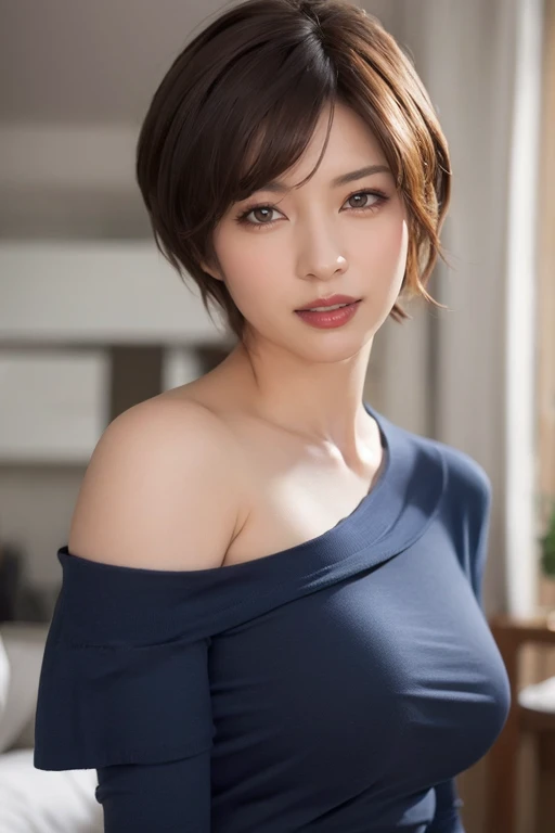 (masterpiece:1.3), (8k, Photorealistic, Raw photo, Best image quality: 1.4), Profile of woman in Japan、Profile of a woman in her 60s、Boyish woman profile、Cleavage:1.2、Super detailed face、Attention to detail、Slanted Eyes、double eyelid、Put your chest together、Sharp focus:1.2、Light brown hair、short hair、Shortcuts、Short Hair、Sporty hairstyle、Wet Hair、highest quality、masterpiece、超A high resolution、(Photorealistic:1.4)、Highly detailed and professional lighting、Sleepy look、Tired look、Eyes that seem to close、Lightweight, loose-fitting pajamas、Long-sleeved pajamas、Shoulder out、thin、Suck on a straw、Have a drink、Deadly position