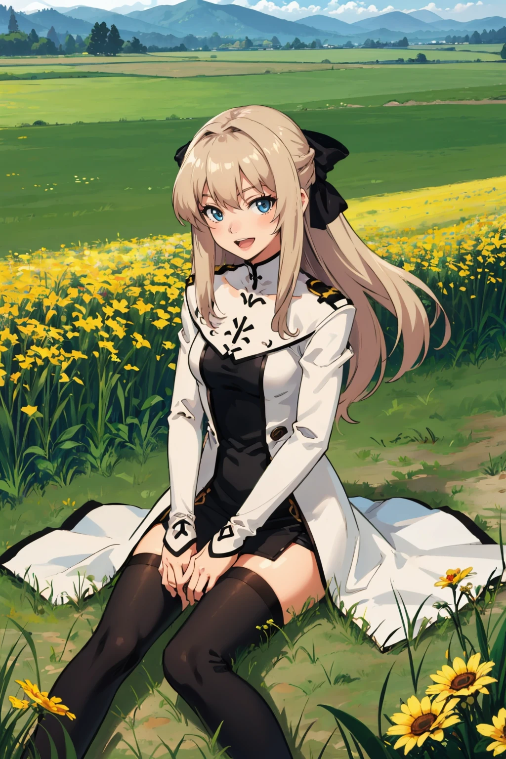 masterpiece, best quality, <lora:cyrille-nvwls-v1-000009:0.9> cyrille, hair ribbon, white coat, long sleeves, black dress, black thighhighs, sitting, on ground, looking at viewer, field, grass, flowers, smile, open mouth