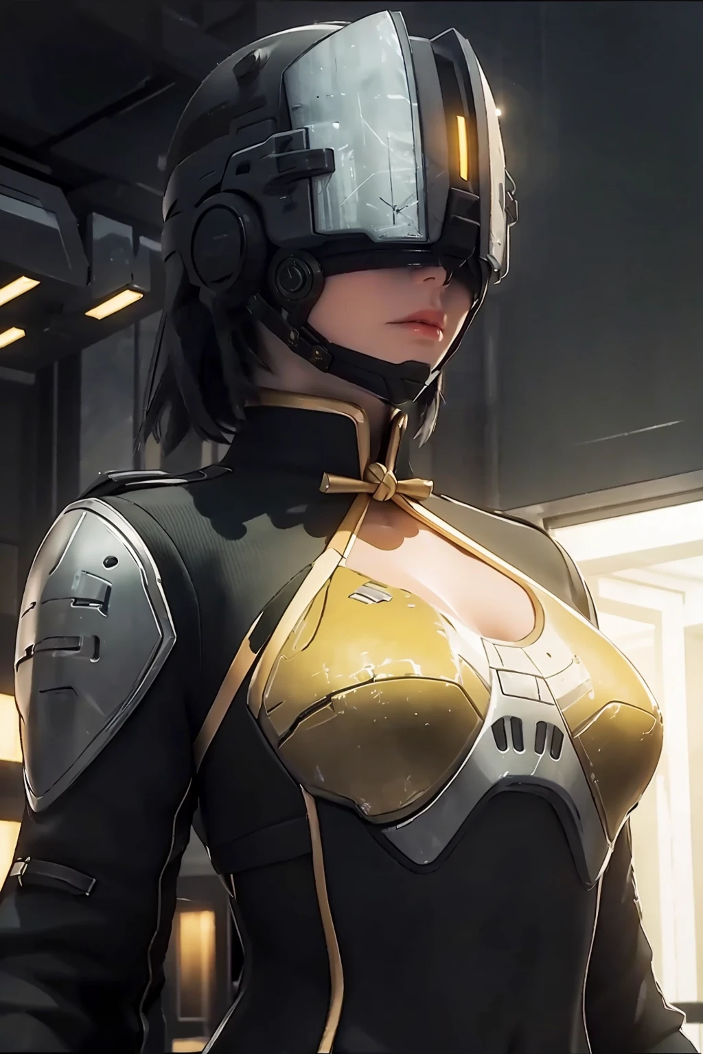 robot girl, humanoid robot, robot joints, full face mask, huge breasts, knee shot