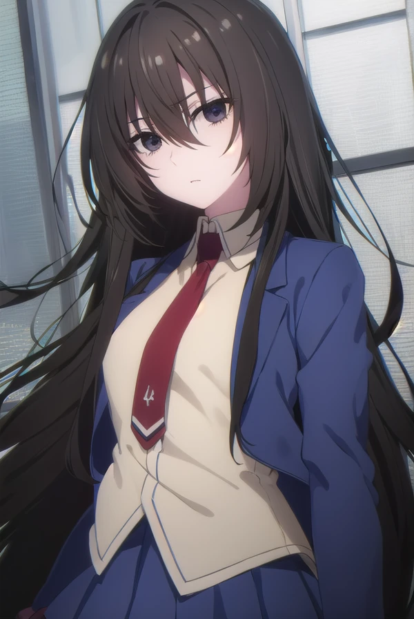 kirukiruamou, <lora:kirukiru amou s1-lora-nochekaiser:1>,
kirukiru amou, long hair, black hair, very long hair, (black eyes:1.3), hair between eyes,
BREAK skirt, school uniform, jacket, necktie, blue skirt, blazer, red necktie,
BREAK indoors, classroom,
BREAK looking at viewer, (cowboy shot:1.5),
BREAK <lyco:GoodHands-beta2:1>, (masterpiece:1.2), best quality, high resolution, unity 8k wallpaper, (illustration:0.8), (beautiful detailed eyes:1.6), extremely detailed face, perfect lighting, extremely detailed CG, (perfect hands, perfect anatomy),