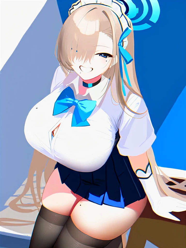 High resolution, Very detailed, perfect lighting, beautiful detailed eyes, ((masterpiece,Best Quality)), absurdities, alone, princess zelda, by the width, crown braid, Hair clip, pointy ears, Gloves without fingers, black gloves, smile, curves, nod, , deep neckline, deep neckline, blue school uniform with white details,short white skirt, visible underwear, pink thong, blue uniform, blue shirt with a pink bow, touching her breasts in a sexy way, close up, black fur, visible breasts, close up, visible nipples, pigtails with bangs, pigtails with bangs, touching her breasts in a sexy way, teal eyes, close up, fringe hairstyle, white socks,  pigtails with bangs 