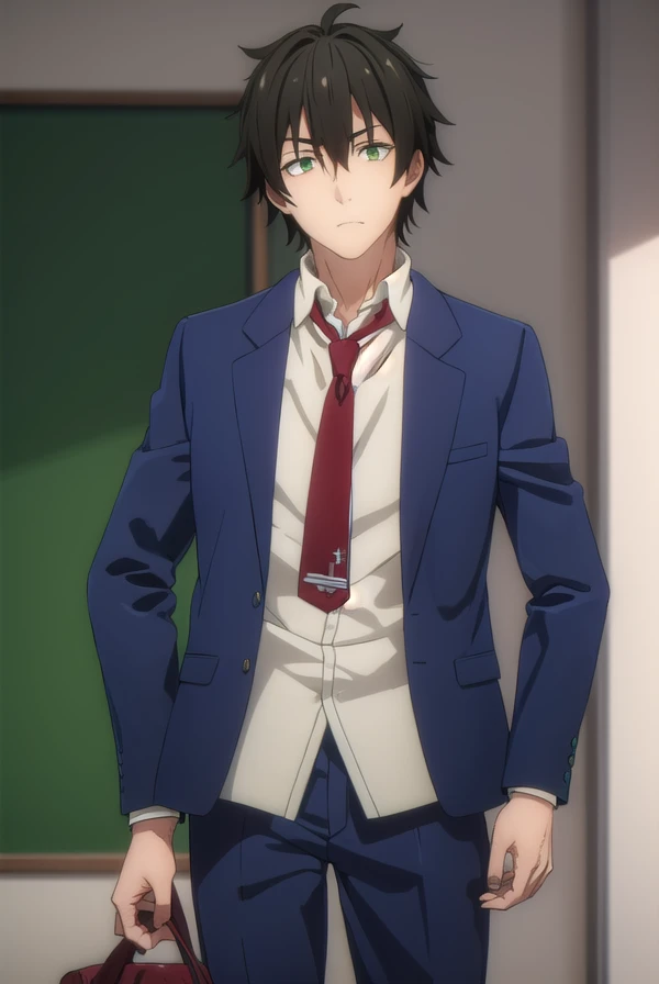 fudounomura, <lora:fudou nomura s1-lora-nochekaiser:1>,
fudou nomura, black hair, male focus, (green eyes:1.3), 
BREAK school uniform, jacket, necktie, pants, blazer, red necktie, shirt, white shirt, collared shirt,
BREAK indoors, classroom,
BREAK looking at viewer, (cowboy shot:1.5),
BREAK <lyco:GoodHands-beta2:1>, (masterpiece:1.2), best quality, high resolution, unity 8k wallpaper, (illustration:0.8), (beautiful detailed eyes:1.6), extremely detailed face, perfect lighting, extremely detailed CG, (perfect hands, perfect anatomy),