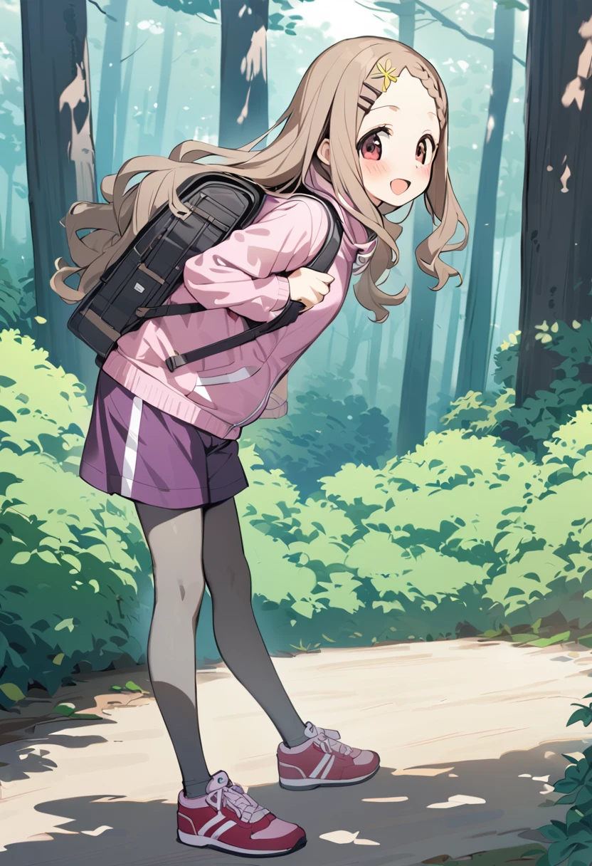 1girl, aoba kokona, solo, long hair, pantyhose, open mouth, hairclip, smile, braided bangs, leaning forward, brown hair, blush, looking at viewer, :d, backpack, outdoors, pink jacket, red eyes, socks, long sleeves, grey legwear, full body, day, brown footwear, hair flower, holding strap, brown eyes, standing, black legwear, white legwear, tree, forehead, hood down, sneakers, bent over, pink hoodie, light brown hair, red footwear, nature, wavy hair, purple skirt, hooded jacket, bush, from side, track jacket, pink sweater, black shorts, x hair ornament, forest, parted bangs, gym shorts, grey hair, grass, masterpiece, best quality <lora:aoba_kokona_sdxl_locon_ani_v1:0.7>