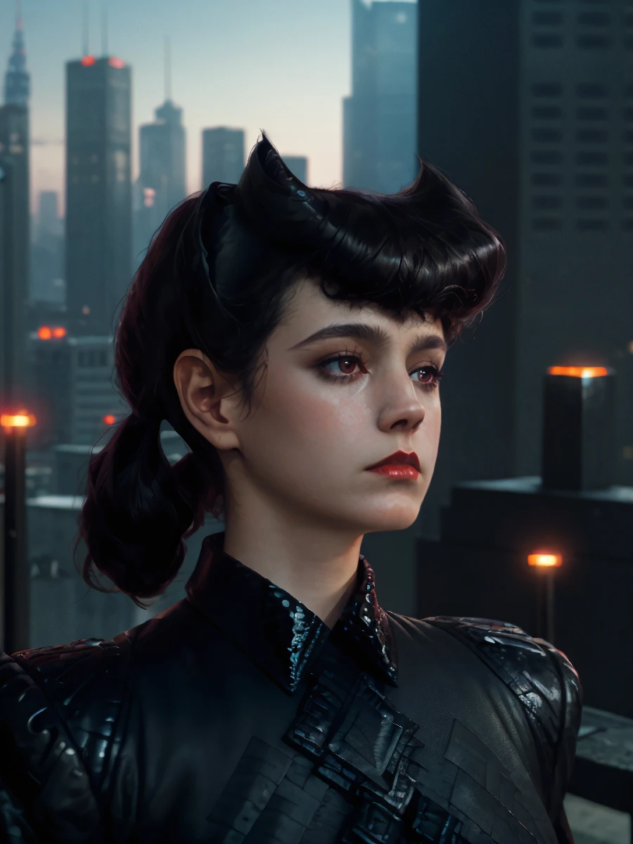 rchbld,rchbld hair, (top angled shot:1.3),(black jacket),long skirt,sunrise,cyberpunk city street,volumetric lighting,masterpiece,cinematic