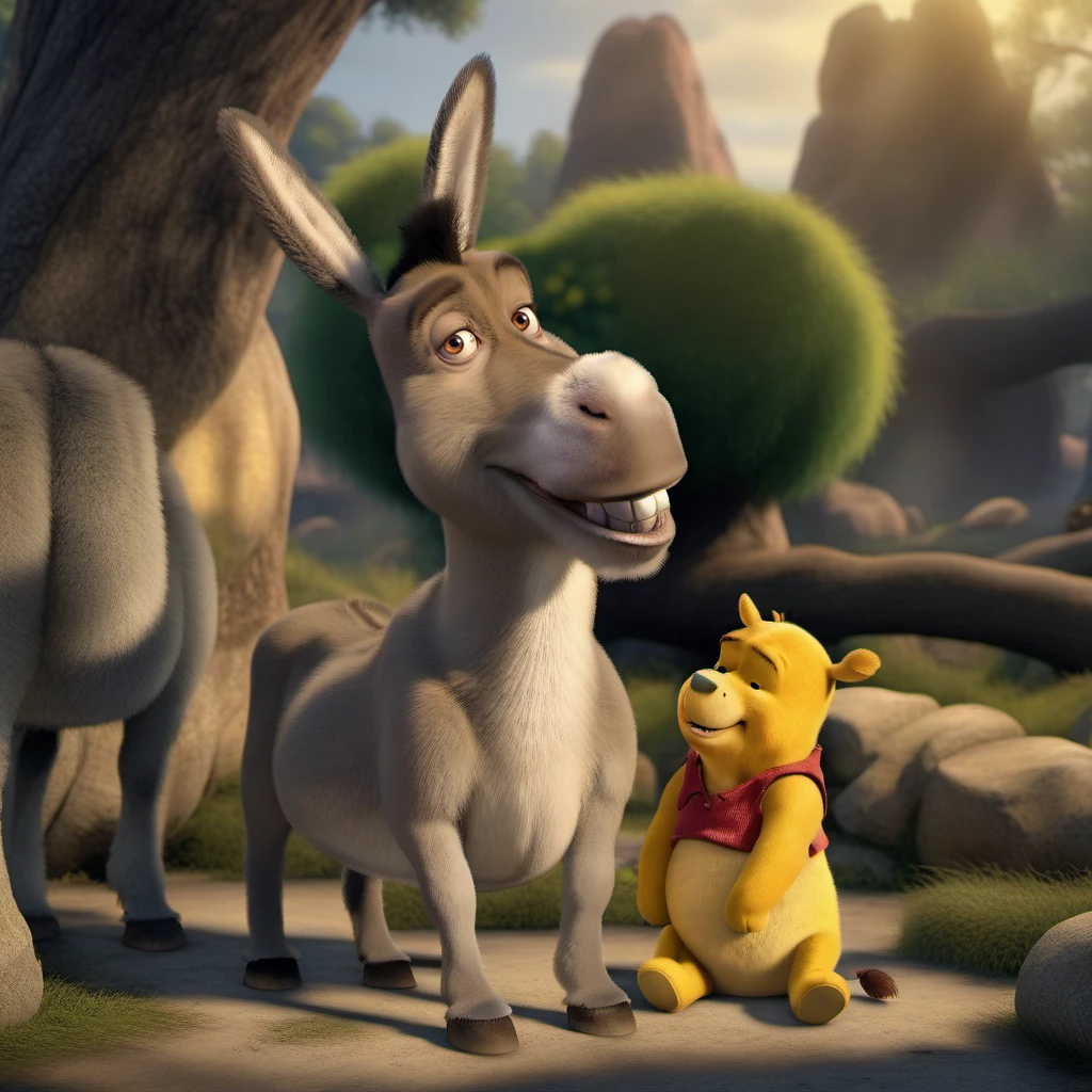 cinematic photo a sad donkey and winnie the pooh <lora:Donkey1024:0.8> . 35mm photograph, film, bokeh, professional, 4k, highly detailed