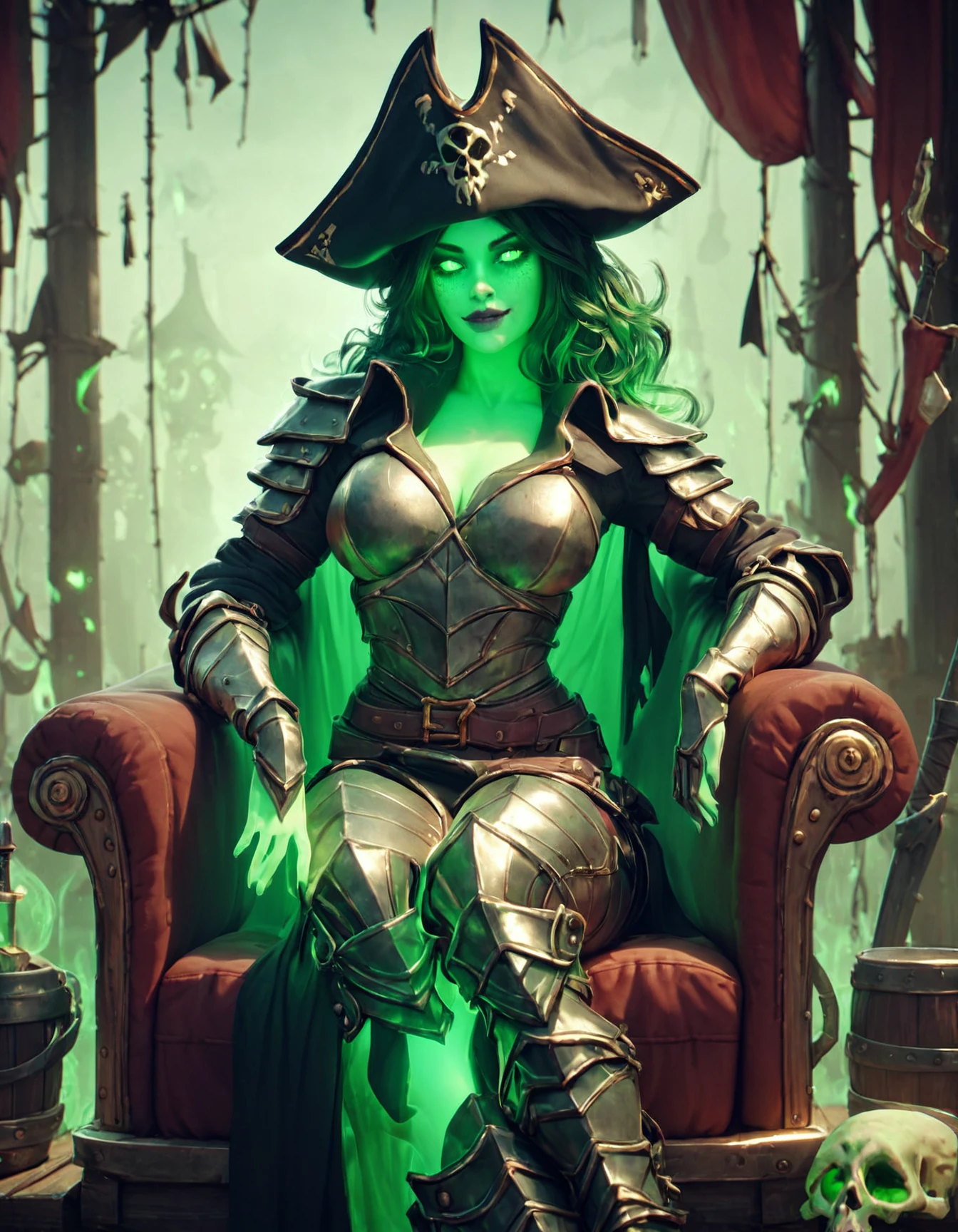 <lora:GhostPirateWorldPonyXL:1> ghostpirateworld, ghost, 1girl, sitting, armoured, looking at viewer, seductive smile, pirate hat, green glowing eyes, score_9, score_8_up, score_7_up, score_6_up, score_5_up, score_4_up,
