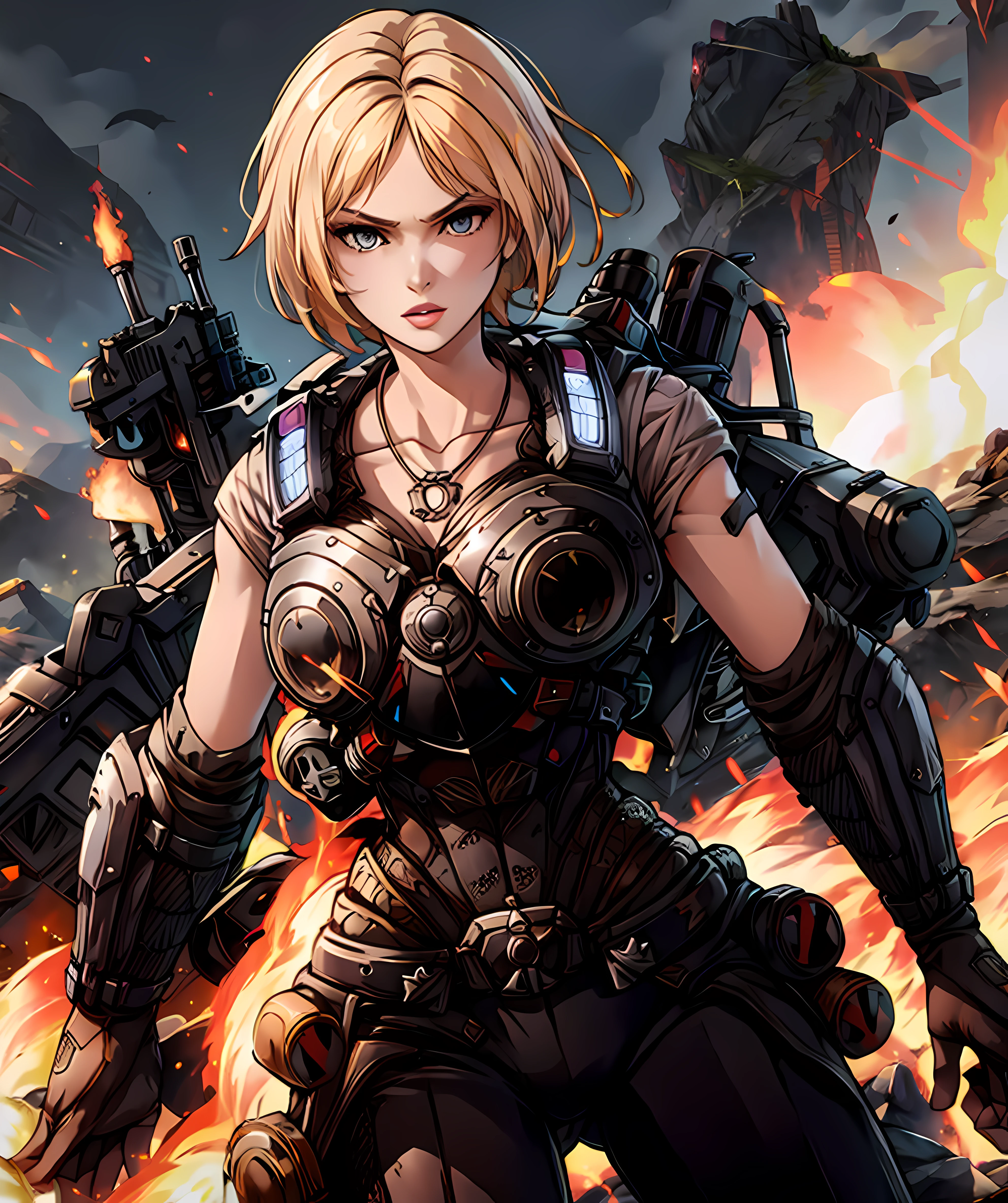 anya_stroud, armor, short hair, blonde hair, dramatic, necklace, gun, holding gun, mountain, fire, lava <lora:Anya_Stroud-15:0.8>
