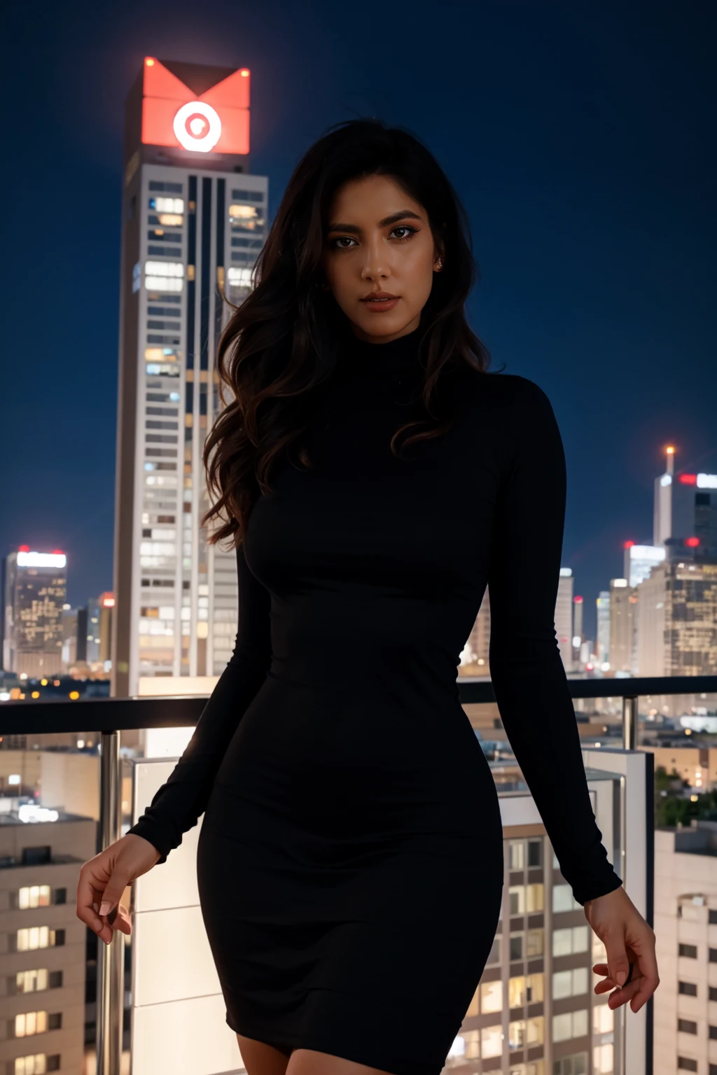 <lora:mondongo_LoRA_StephanieBeatriz:1> mndngwmn, wearing a turtleneck bodycon dress, on a balcony at night with city on background, (ultra realistic, 8k,high quality)
