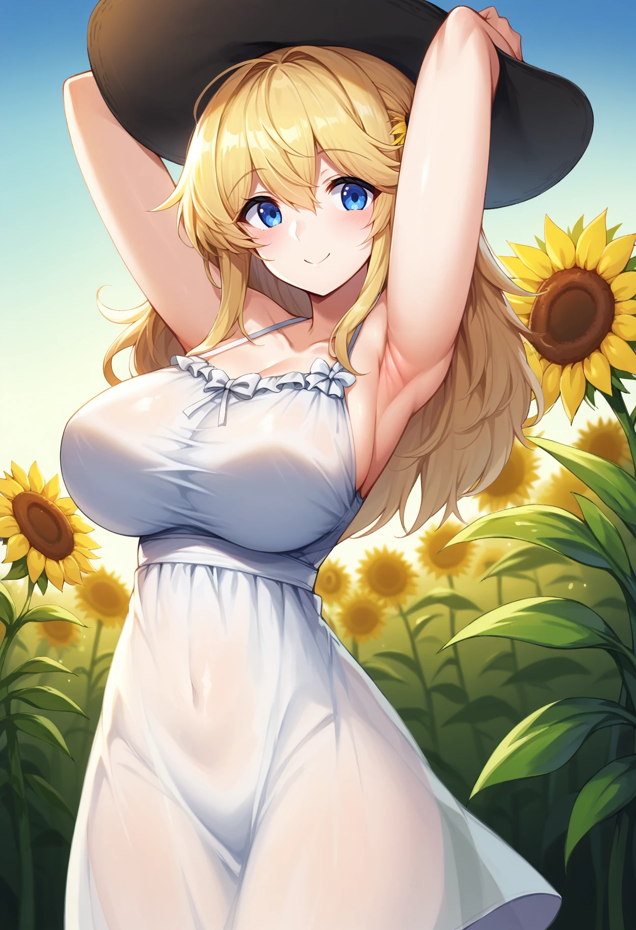 score_9, score_8_up, score_7_up, flower field, sunflower, sunflower field, sunset,
BREAK
source_anime,
BREAK
1girl, sundress, sunhat, blonde hair, large breasts, see-through silhouette, happy, hair between eyes,
arms up, armpits,
<lora:Snowball22-v2-PDXL:1>