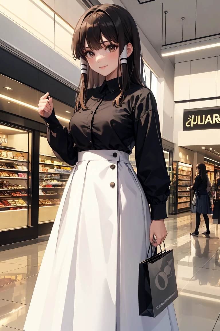 masterpiece, best quality, absurdres, 1girl, solo, YuriMariya, low-tied long hair, hair tubes, high-waist skirt, long skirt, white skirt, black shirt, long sleeves, smile, standing, indoors, shopping mall, <lora:YuriMariya:1>