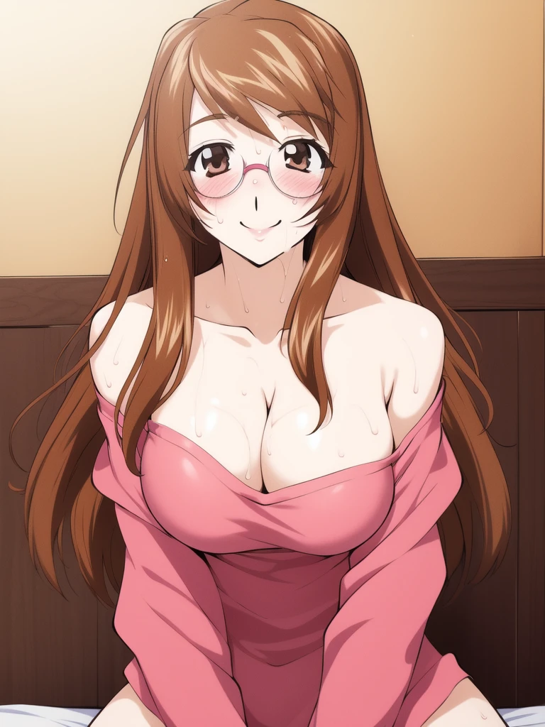 <lora:DisVanish:1>, ãDisVanishAYA, 1girl, breasts, brown hair, brown eyes, glasses, blush, long hair, large breasts, cleavage, sweat, solo, bottomless, off shoulder, smile, (25 years old) , woman,
masterpiece, high quality, very_high_resolution, large_filesize, full color,