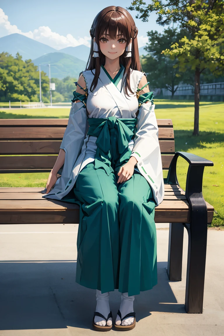 masterpiece, best quality, absurdres, 1girl, solo, YuriMariya, low-tied long hair, hair tubes, japanese clothes, miko, green hakama, sitting, outdoors, smile, bench, <lora:YuriMariya:1>