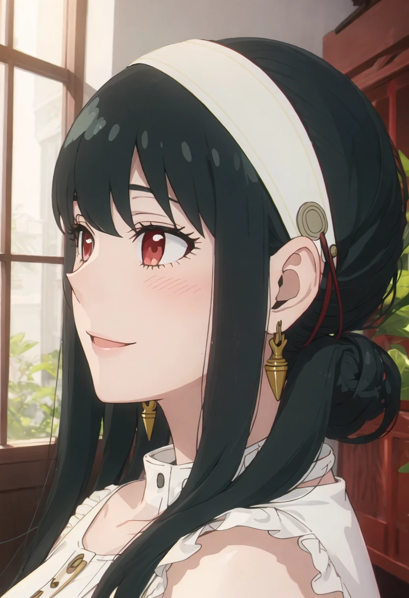 best quality, masterpiece, highres, solo, {yor_briar_spyxfamily:0.90}, 1girl, from_side, jewelry, profile, closed_mouth, portrait, smile