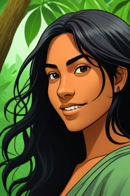 sideways portrait of indigenous brazilian woman, happy, flowing hair, dark hair, rainforest in the background, rule of thirds, (in amazoniacore manga book style:1.3)