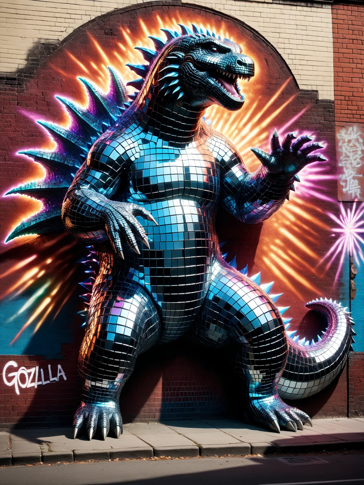 brick wall,  graffiti of godzilla made of mad-dscbll, colorful sparkle, street cornerspotlight from above <lora:Disco_Style_SDXL:1.0>, masterpiece, best quality, ultra high res, (photorealistic, realistic:1.2), deep shadow, raw photo, film grain, Fujifilm XT3, 8k uhd, dslr