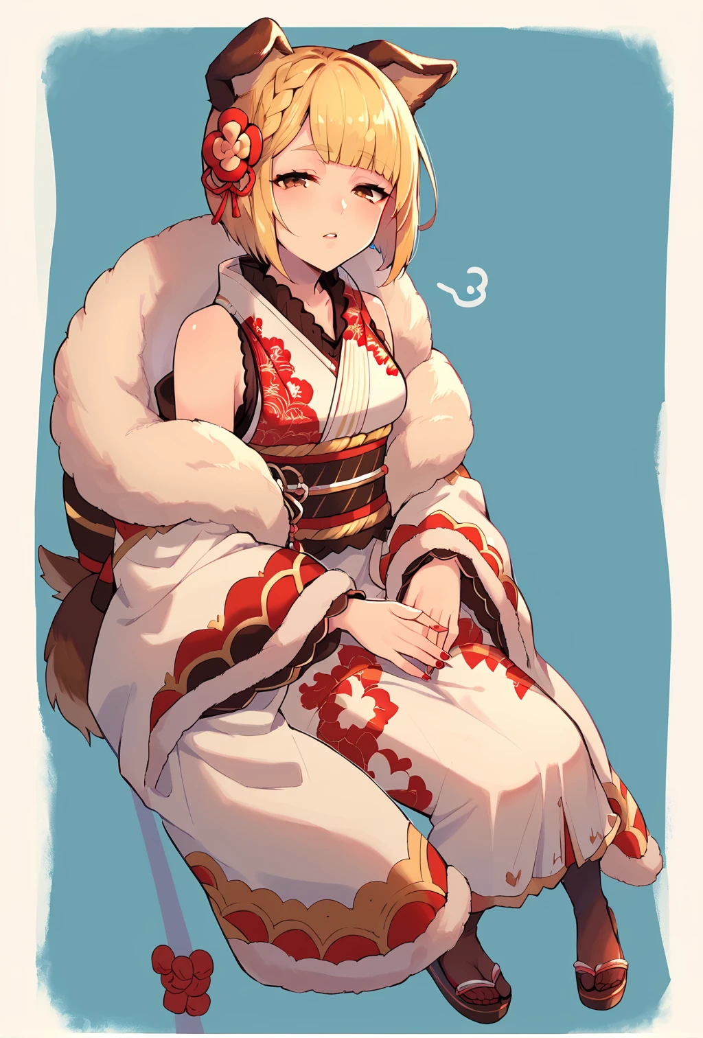 score_9, score_8_up, score_7_up, uncensored, source_anime, 1girl, <lora:spgbfVajraXLPony-10:1> vajrarr, dog tail, red hair flower, red nails, white obi, white kimono, japanese clothes, floral print, white detached sleeves, wide sleeves, long sleeves, fur trim, sash, half-closed eyes, looking at viewer, on chair, own hands together, parted lips, sitting, solo, aqua theme, artist name, blue background, border, full body, monochrome, outside border, simple background, sleepy, spot color