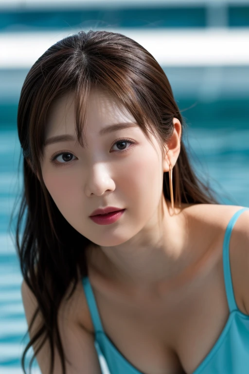 hyper-detailed portrait、top-quality、white colors,Bright tones,Frontal shot of 17 year old beautiful erotic Japan girl style. Erotic face closeup、年轻, Cute and sexy erotic look、Organism、Erotic mouth ajar、Huge erotic breasts, This image is、Capture a girl splashing water on her face with soft lighting、Emphasize the seductive gaze with sex appeal,huge-breasted, highlight details. Fog and blue sky fog dreamy haze