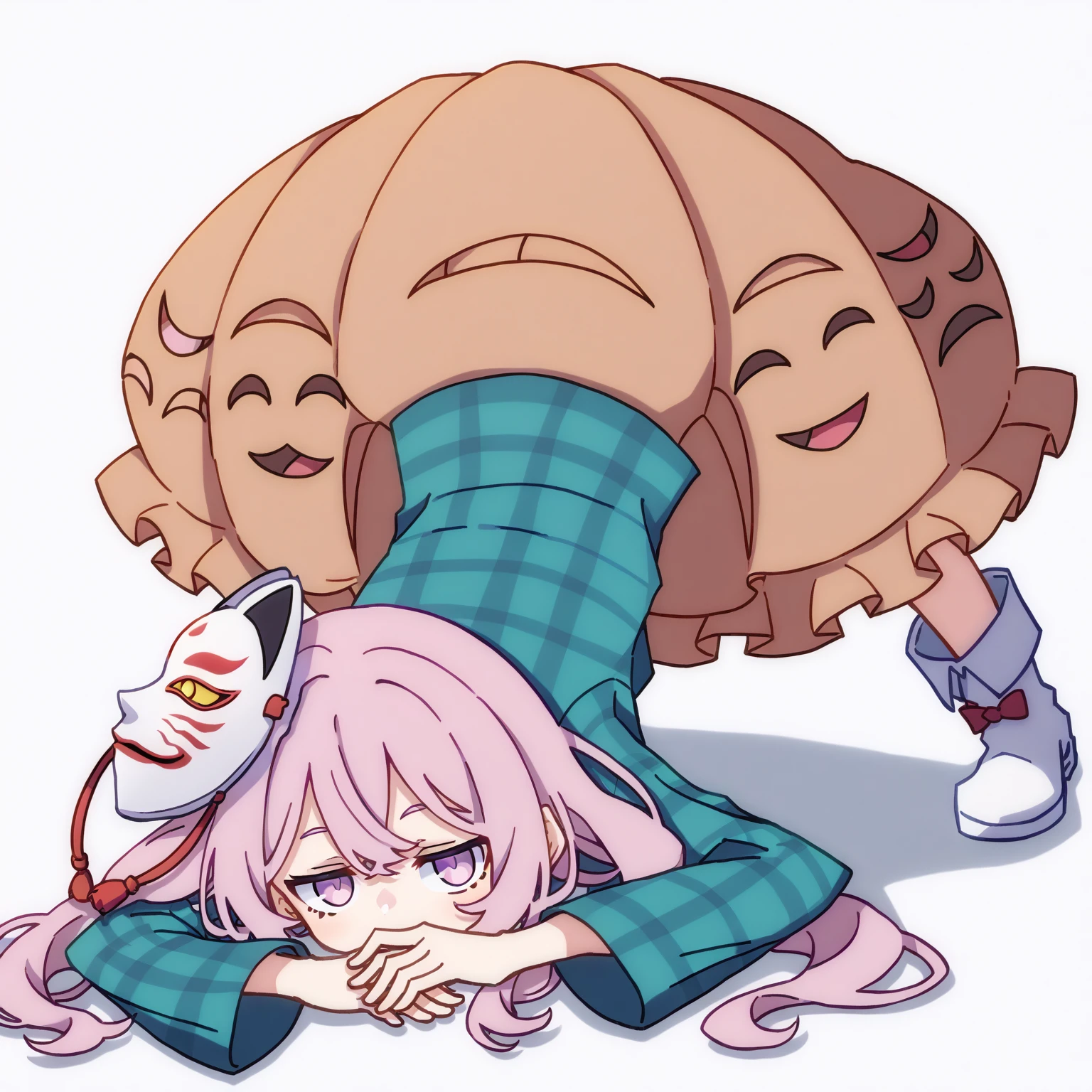 (by kame \(kamepan44231\):0.9), score_9, best quality, masterpiece, uncensored, source_anime
BREAK
hata no kokoro, bubble skirt, 1girl, solo, bangs, simple background, long sleeves, white background, full body, boots, mask, top-down bottom-up, pink footwear, mask on head, plaid shirt, jack-o' challenge
<lora:kokoro_pony_v1:1> <lora:4th_tail_lora_extract_l:1>