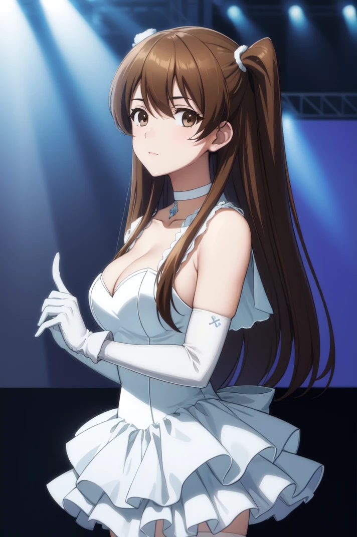 masterpiece, best quality, absurdres, Ogiso Setsuna <lora:Ogiso_Setsuna:0.8> , 1girl, brown eyes, (long hair, light brown hair, two side up:1.2), cleavage, choker, elbow gloves, white gloves, white dress, white thighhighs, frilled dress, BREAK 
nice hands, perfect hands, <lora:GoodHands-beta2:0.8>, (beaufitul hand, beautiful finger:1.15), stage, stage lights, (Deep Depth Of Field), (perfect anatomy), cowboy shot, [Cinematic lighting|Volumetric Lighting], looking at viewer