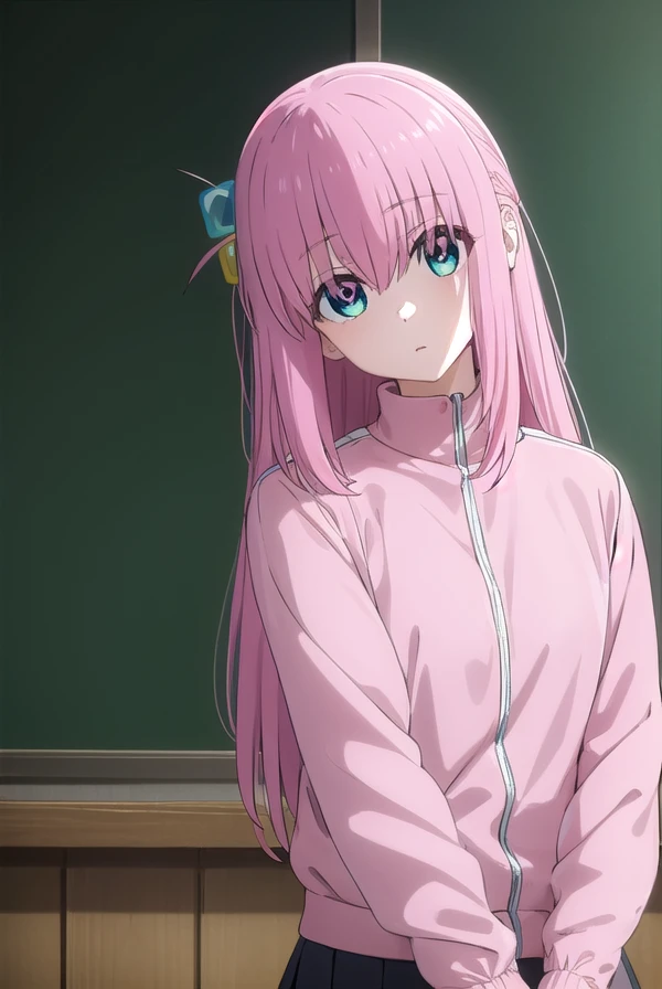 hitorigotou, <lora:hitori gotou s1-lora-nochekaiser:1>, 
hitori gotou, blue eyes, cube hair ornament, hair between eyes, hair ornament, pink hair, one side up, long hair,
BREAK black skirt, jacket, long sleeves, pants, pants under skirt, (pink jacket:1.5), pink pants, pleated skirt, skirt, track jacket, track pants, track suit,
BREAK indoors, classroom,
BREAK looking at viewer, (cowboy shot:1.5),
BREAK <lyco:GoodHands-beta2:1>, (masterpiece:1.2), best quality, high resolution, unity 8k wallpaper, (illustration:0.8), (beautiful detailed eyes:1.6), extremely detailed face, perfect lighting, extremely detailed CG, (perfect hands, perfect anatomy),
