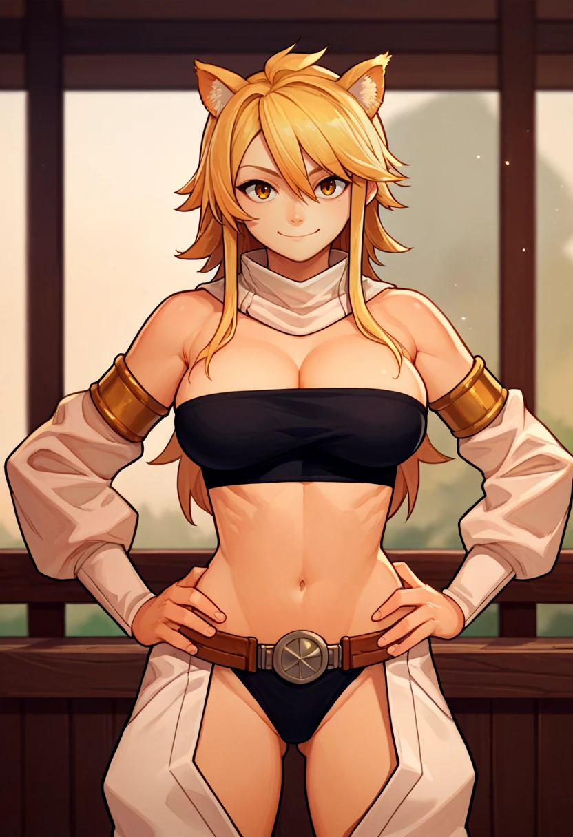 score_9, score_8_up, score_7_up, source_anime, solo, 1girl, agkleone, smile, looking at viewer, standing, bandeau, detached sleeves, white pants, underwear, black panties, white scarf, belt, large breasts, outdoors