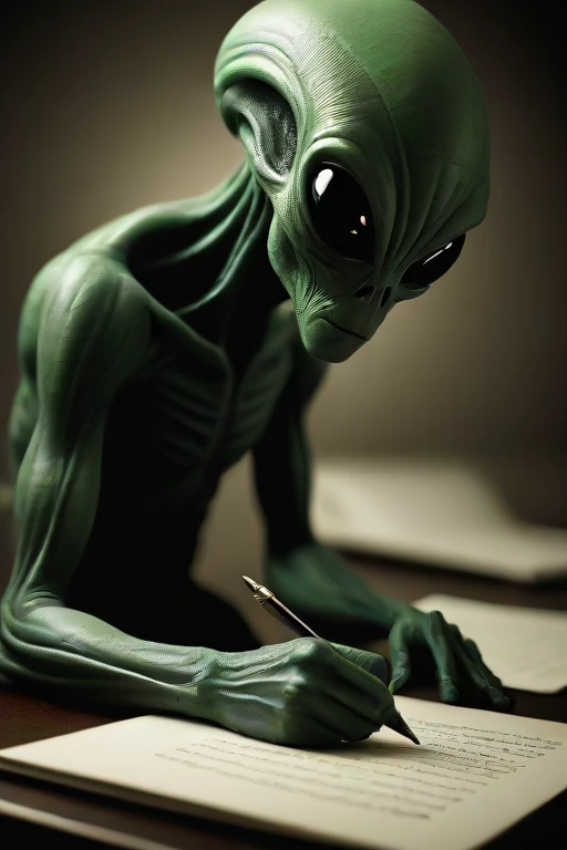award winning photo of an alien writing poetry