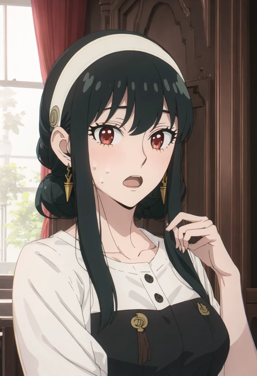 best quality, masterpiece, highres, solo, {yor_briar_spyxfamily:0.90}, 1girl, open_mouth, portrait, indoors, looking_at_viewer, parody, sweatdrop
