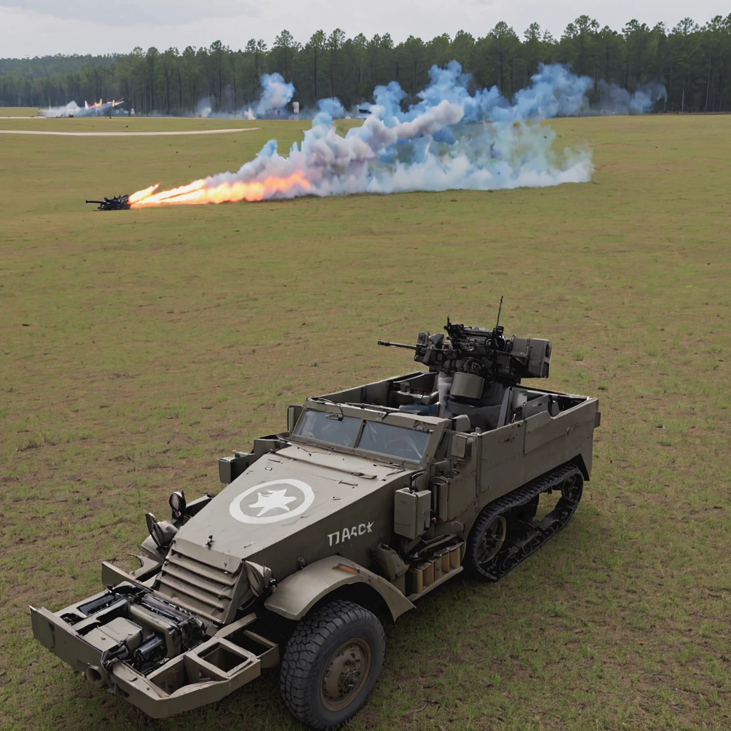 On a sprawling military base in the United States, an m16mtchppr halftrack participates in a live-fire training exercise, its guns blazing at mock targets designed to simulate enemy aircraft. This scene captures the preparation and skill development of the crew, vital for their upcoming deployment overseas, apxlz