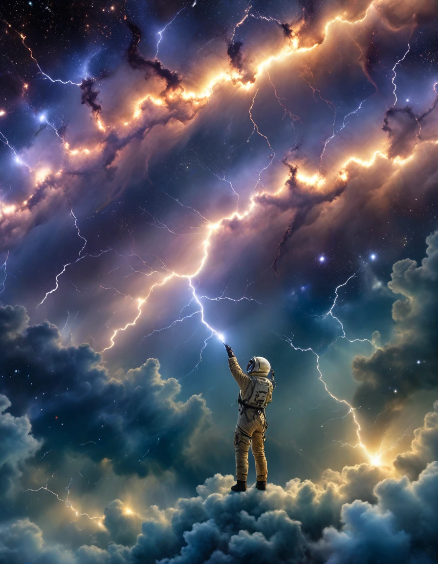 In the vast expanse of the cosmos, a nebula-shaped creature emerges before the serene surface of a distant planet. The creature's ethereal form undulates with an iridescent glow, as if infused with the essence of stardust. Amidst the swirling vortex of black and purple hues, lightning bolts crackle through the darkness, casting an otherworldly ambiance upon the celestial scene.