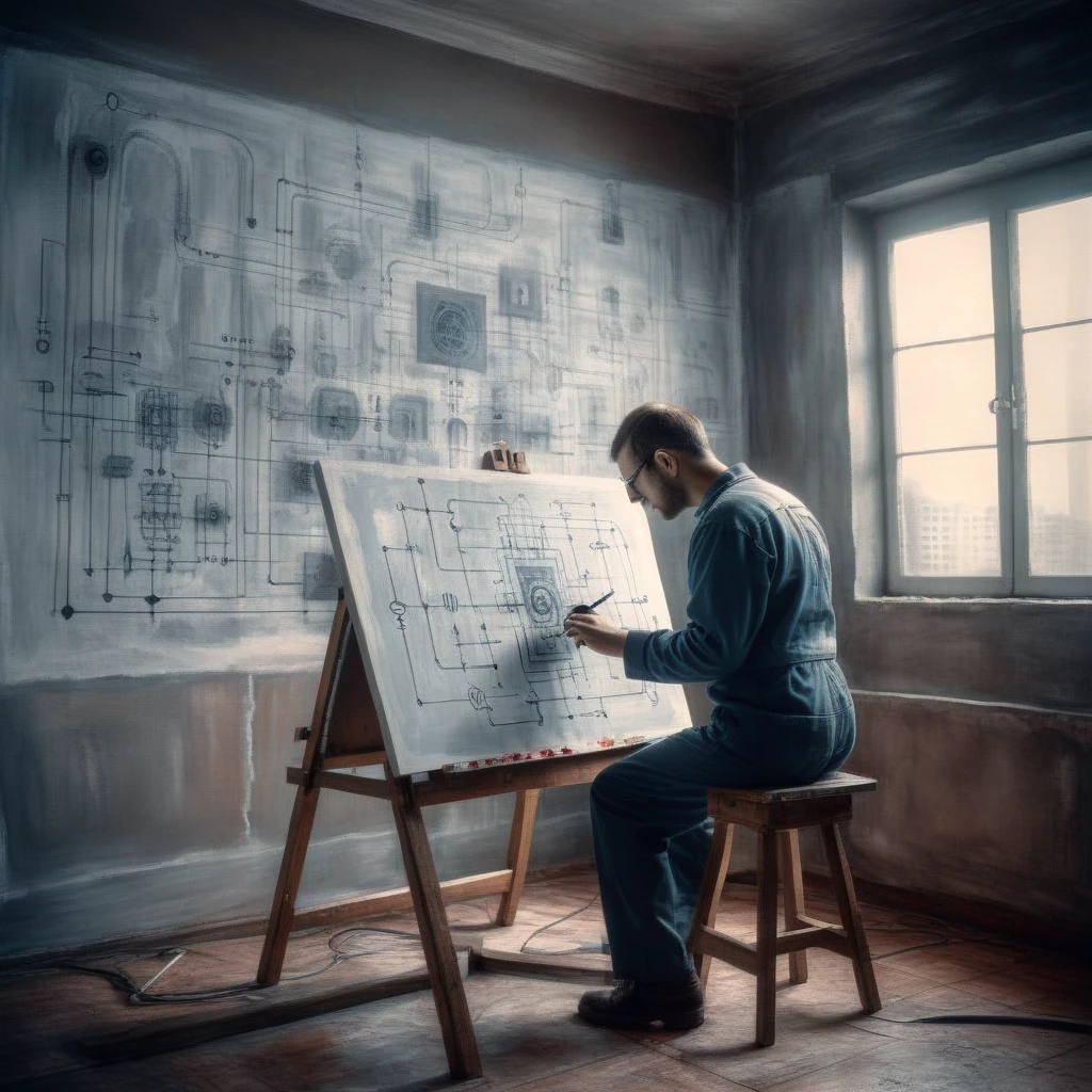 ampereart artist painter, painting a picture of electrical diagrams, in the background a surreal room full of diagrams, cinematic shot, professional light and atmosphere, very realistic <lora:ampereart:0.9>