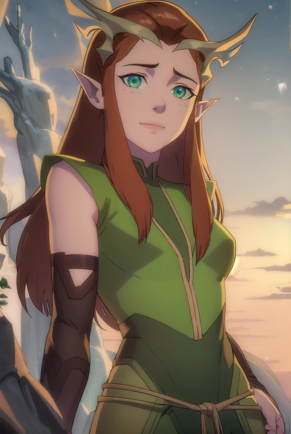 keyleth, <lora:keyleth-lora-nochekaiser:1>,
keyleth, long hair, brown hair, (green eyes:1.3), pointy ears, elf, antlers, freckles, smile,
BREAK thighhighs, gloves, boots, fingerless gloves, thigh boots, brown footwear, green dress,
BREAK outdoors, forest, nature,
BREAK looking at viewer, (cowboy shot:1.5),
BREAK <lyco:GoodHands-beta2:1>, (masterpiece:1.2), best quality, high resolution, unity 8k wallpaper, (illustration:0.8), (beautiful detailed eyes:1.6), extremely detailed face, perfect lighting, extremely detailed CG, (perfect hands, perfect anatomy),