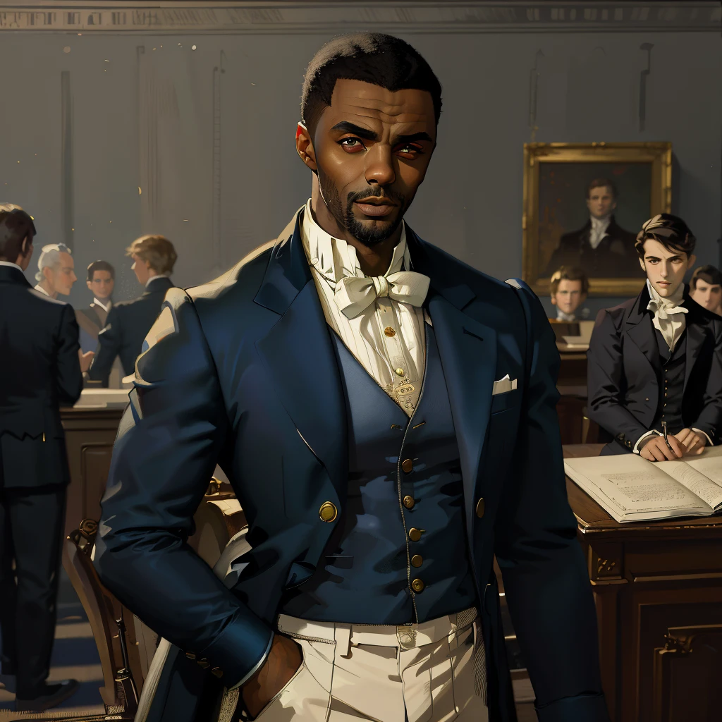 art by Jeremy Mann, art by Greg Manchess, art by Sparth, (idris elba:1) in a regency period suit standing in front of a desk with other men in suits behind him, classical realis, vivid colors, dynamic pose, relaxed, confident
<lora:Regency_SD15:1> r3g3ncy