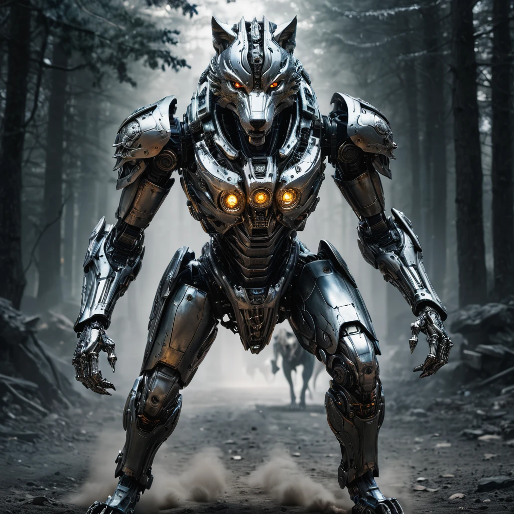 Long exposure photo of angry robotic wolf killing the viewer with his eyes,epic, wearing mercury armor plating, cinematic, brilliant, grim but funny, intricate meticulously detailed, sharp focus, digital matte painting, fantastical , hyperrealistic masterwork by head of prompt engineering , hyperkraximalism . Blurred motion, streaks of light, surreal, dreamy, ghosting effect, highly detailed