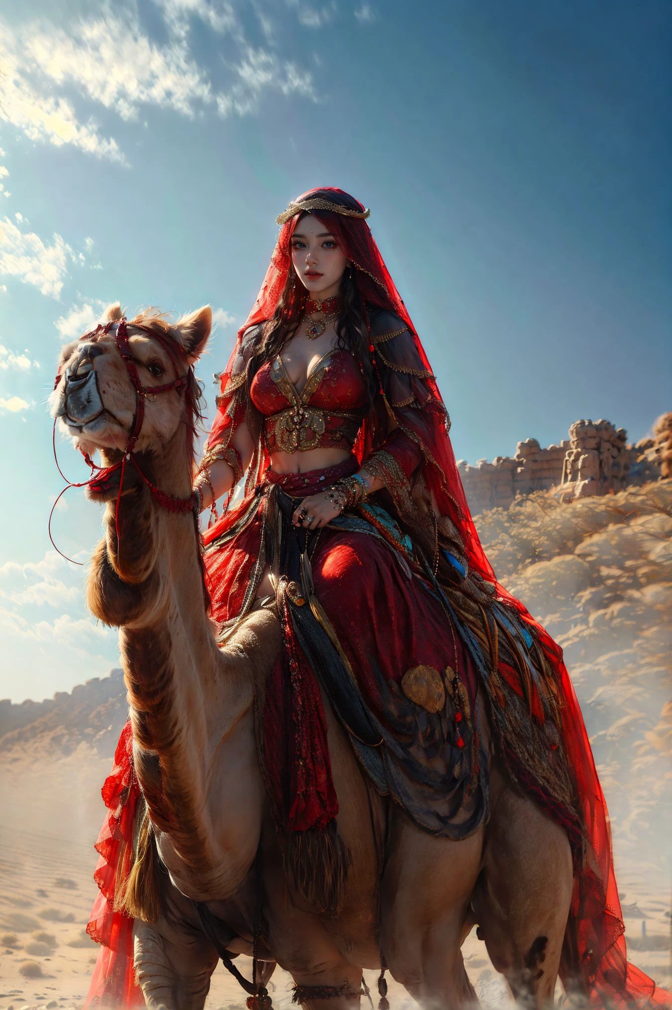 xuer riding camel,1girl,desert,sky,day,cloud,solo,long hair,outdoors,black hair,veil,chinese clothes,jewelry,
medium_breasts,shiny skin,crescent choker,sunburst,(veil:1.6),desert,arabian clothes,cinematic lighting,(Transparent clothes:1.4),
<lora:~Q?-N xuer riding camel:0.8>,
