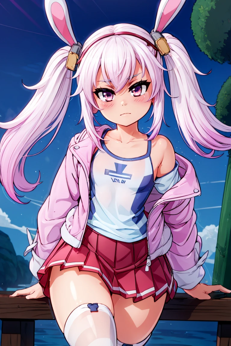 0((masterpiece,best quality)), aalaffey, long hair, collarbone, white shirt, white camisole, off shoulder, pink jacket, open clothes, long sleeves, pleated skirt, red skirt, white thighhighs, <lora:laffey_(azur_lane)_v1:0.7>,