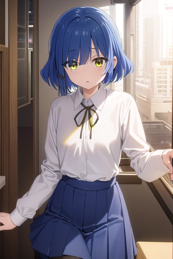 ryouyamada, <lora:ryou yamada s1-lora-nochekaiser:1>, 
ryou yamada, blue hair, eyes visible through hair, mole, mole under eye, short hair, (yellow eyes:1.3), hairclips,
BREAK black pantyhose, black ribbon, blue skirt, brown footwear, loafers, long sleeves, pantyhose, ribbon, school uniform, shimokitazawa high school uniform, shirt, shoes, skirt, white shirt,
BREAK indoors, classroom,
BREAK looking at viewer, (cowboy shot:1.5),
BREAK <lyco:GoodHands-beta2:1>, (masterpiece:1.2), best quality, high resolution, unity 8k wallpaper, (illustration:0.8), (beautiful detailed eyes:1.6), extremely detailed face, perfect lighting, extremely detailed CG, (perfect hands, perfect anatomy),