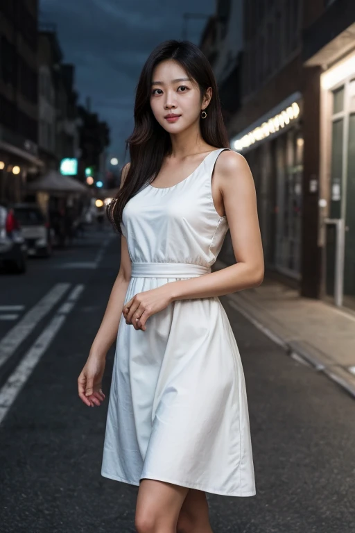 masterpiece, best quality, ultra-detailed, ultra high res, (photorealistic:1.4), raw photo, (realistic:0.2), CG, 8k HDR, cinematic lighting, 1girl, solo, walking, looking at viewer, (simple dress, sleeveless), outdoor, (colorful), night, city street, upper body, lower body, asymmetrical hair, (detailed oily skin, medium breasts:0.8), (detailed face), (detailed background :1.1), closed mouth,