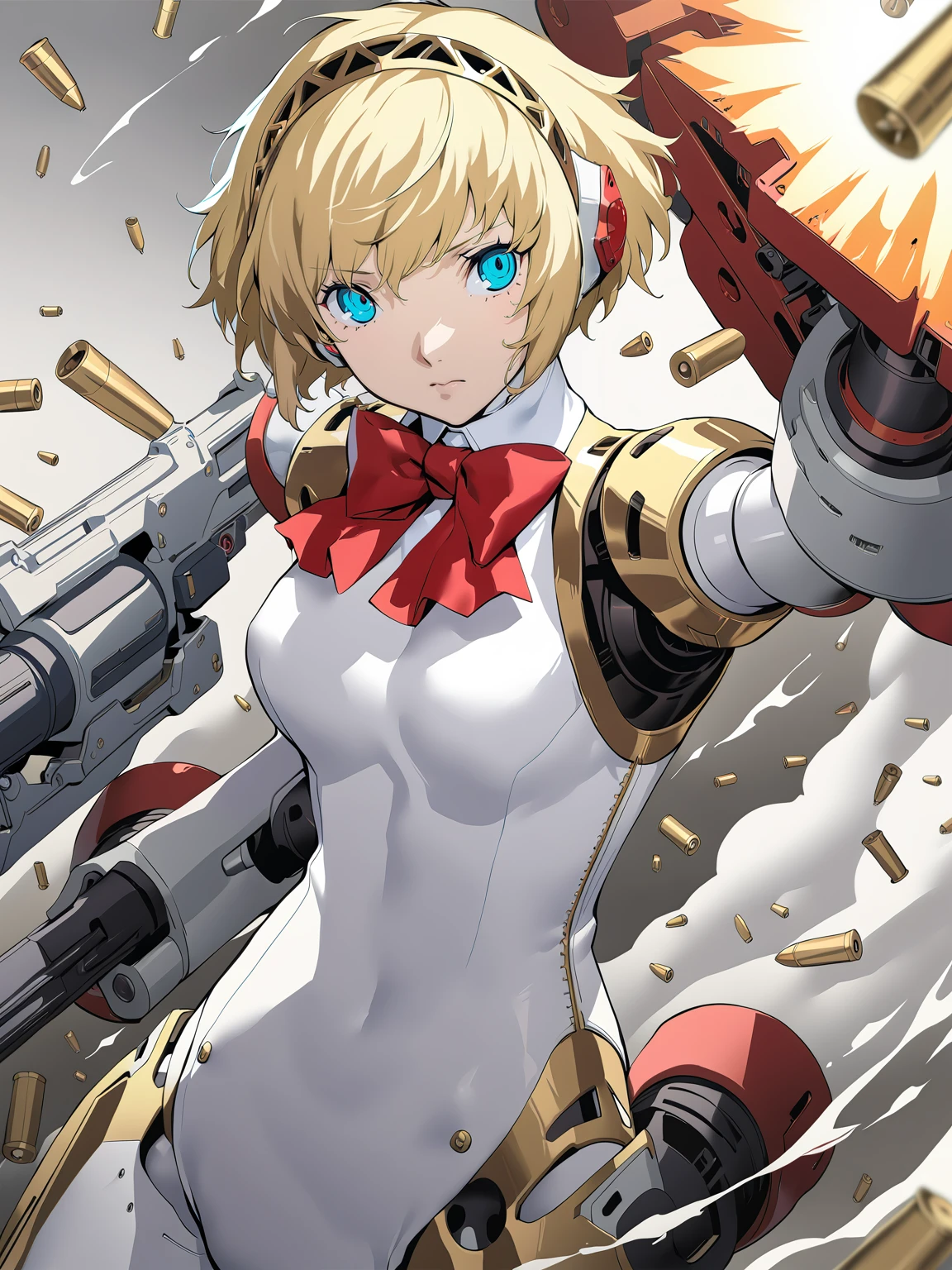 aegis \(persona\), 1girl, solo, blonde hair, shell casing, bow, blue eyes, android, short hair, smoke, red bowtie, red bow, bowtie, firing, robot joints, weapon, joints, gun, closed mouth, looking at viewer, hairband, bangs, ribbon, breasts, glowing, masterpiece, best quality