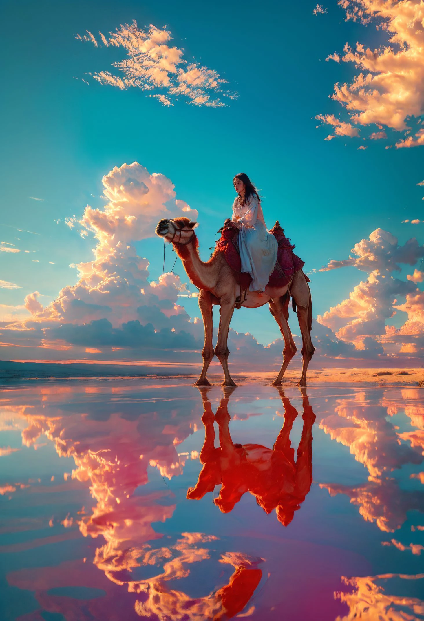 xuer riding camel,sky,cloud,reflection,outdoors,blue sky,cloudy sky,1girl,scenery,day,ripples,solo,water,reflective water,wide shot,
<lora:~Q?-N xuer riding camel:0.8>,