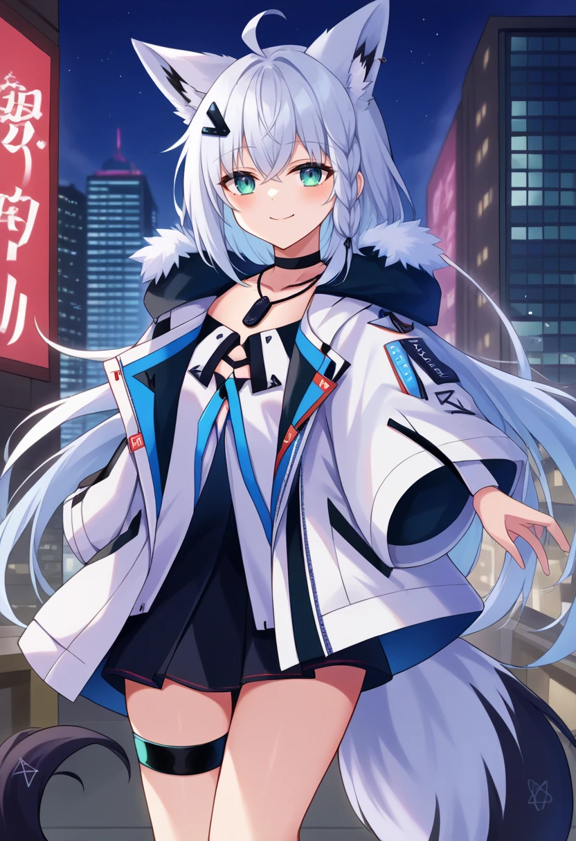 score_9 BREAK source_anime, 1girl, city, night, fubukitechwear, white jacket, fur-trimmed jacket, hairclip, dog tags, choker, white microdress, black microdress, thigh strap, blue ribbon, white hair, single side braid, ahoge, piercing, fox tail, pentagram, light smile <lora:fubukiXL-10:1>