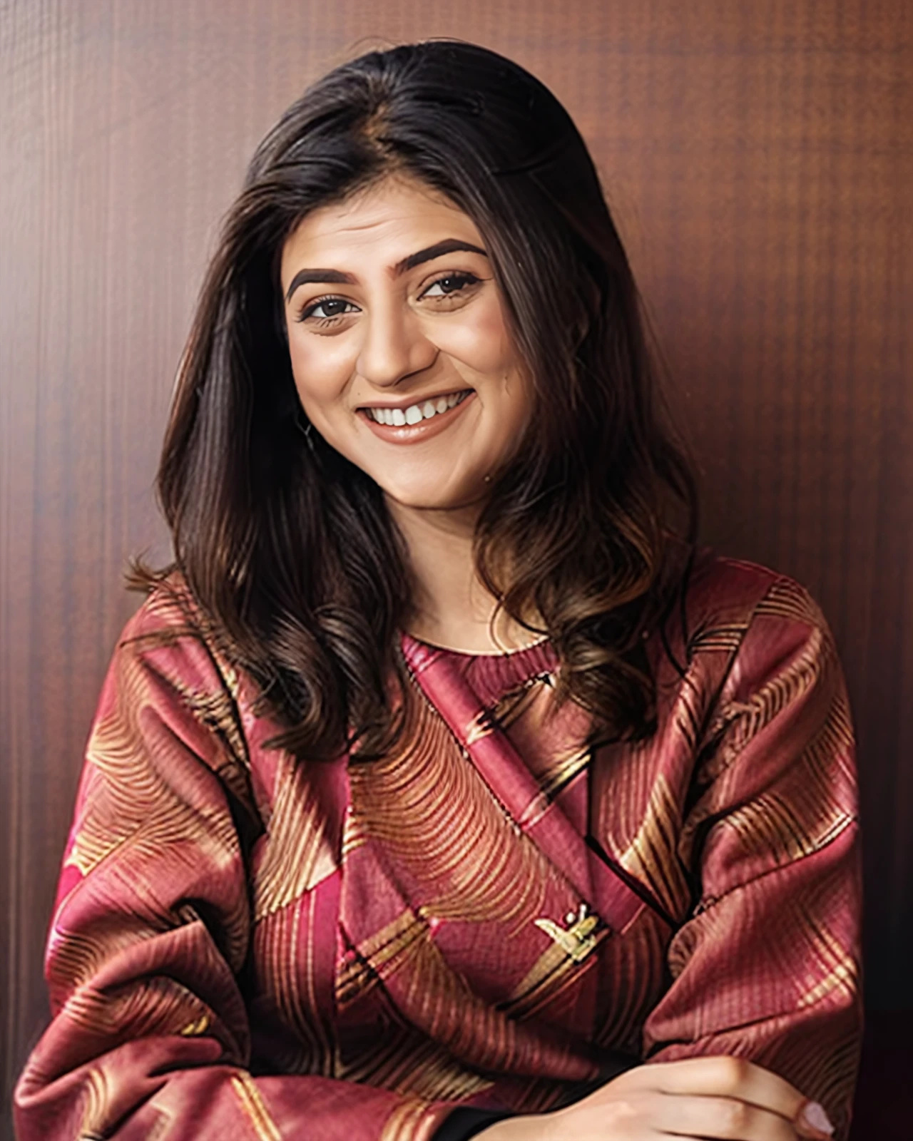 photo of sush woman conservatively dressed woman wearing Maroon Mekhela Chador (Assamese traditional attire) clothing, looking at camera, laughing\shy expression, simple background  <lora:sush_Sushmita_Sen_SD15_LoRA_prodigy_local_regs_decay5e-2:1>