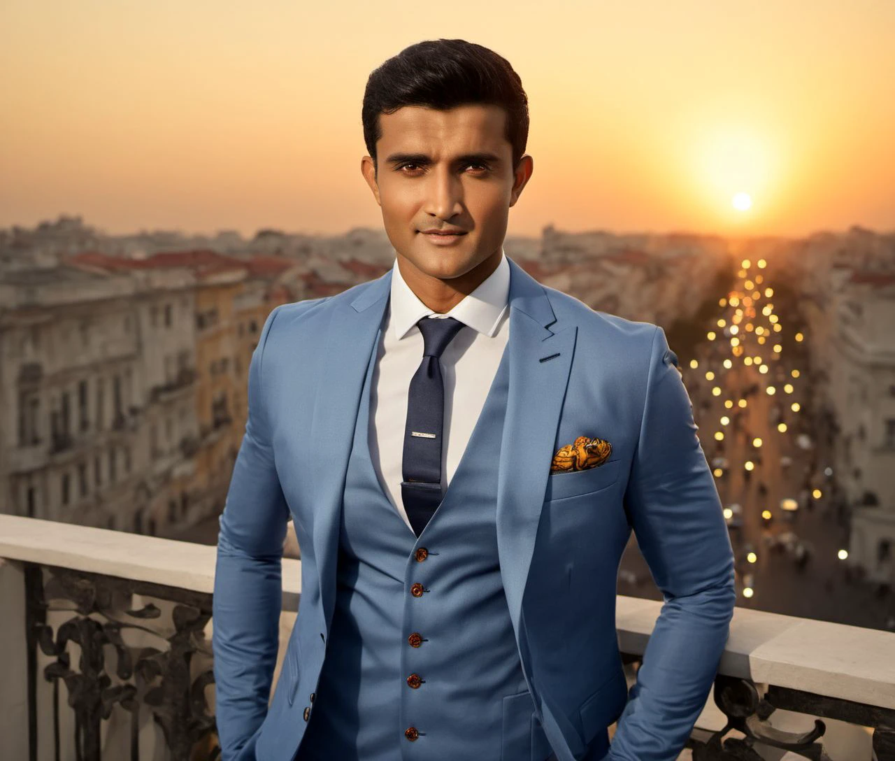 Nautical-themed (Photo:1.3) of (Ultrarealistic:1.3) <lora:Man_Men_FFashion:1> Karan Soni a man <lora:Sourav-Ganguly_Karan-Soni:0.8>,  in a blue suit standing on a balcony, handsome man, attractive man, handsome male, sun behind him, inspired by Pablo Munoz Gomez, shot at golden hour, editorial photograph, midshot of a hunky, by Roman Bezpalkiv, by Artur Tarnowski, maxim sukharev, by Gabor Szikszai,Highly Detailed,(Mono Color:1.3) . Sea, ocean, ships, maritime, beach, marine life, highly detailed