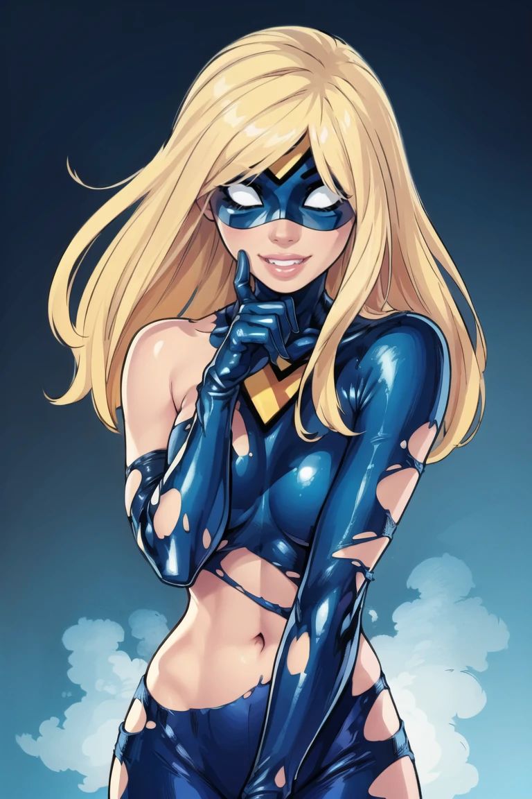 ((masterpiece,best quality)), absurdres, <lora:Empowered:0.8>, Empowered, smile, v, double v, upper body,  long hair, gloves, lips, bodysuit, mask, blue background, blue gloves, domino mask, torn clothes,