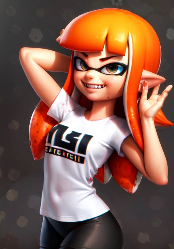 masterpiece, best quality, 
1girl, solo, female focus, smile, smirk, looking at viewer, blush, teeth, fangs, 
dynamic pose, 
splatoon 1, inkling girl, 
<lora:Inkling_Girl_SPLAT1-10:0.7> inkgirl1, orange hair, long hair, bangs,
shirt, bike shorts, t-shirt,
paint splatter background, black background,