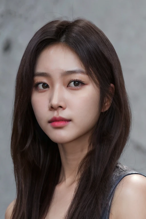 masterpiece, best quality, ultra-detailed, ultra high res, (photorealistic:1.4), raw photo, (realistic:0.2), 8k HDR, 1girl, solo, (looking at viewer), realistic lighting, asymmetrical hair, (detailed skin), (detailed face), ((simple gray background :1.1)), (upper body:1.2), simple dress, sleeveless,