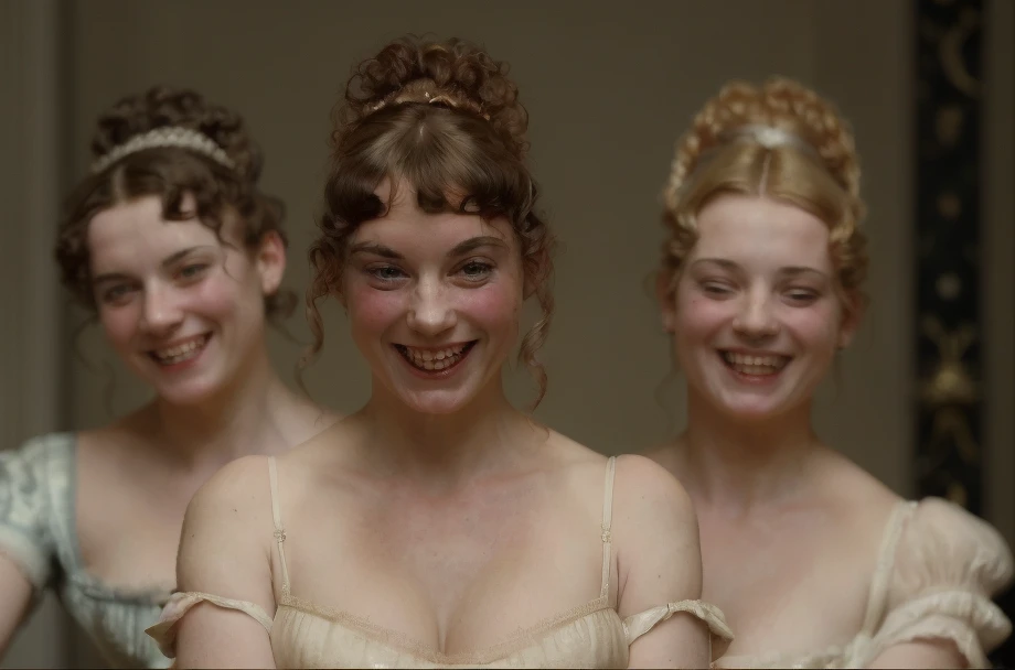 medium closeup of three high-class prostitutes, coy expressions, smiling, looking at viewer, wearing regency period dress, in the salon of a London mansion, appreciative men in background, (action shot, dynamic angle, dynamic pose, motion:1.3) art movie filmed by tony scott <lora:Regency_SD15:1> r3g3ncy